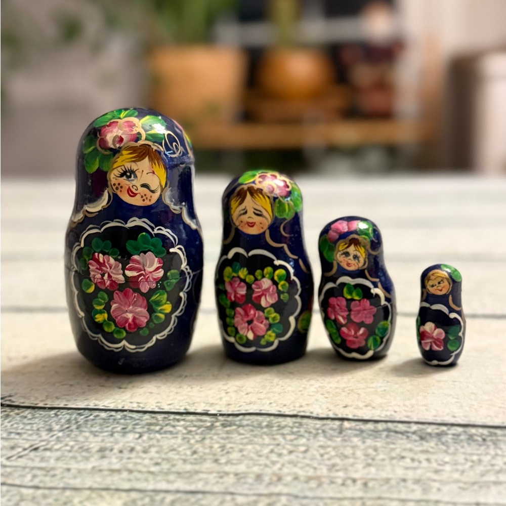 Set 4 Russian purple MATRYOSHKA Hand Painted Floral Nesting Dolls.